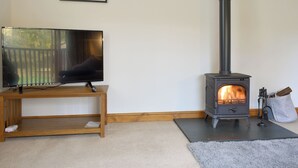 Ein Wohnzimmer mit einem Fernseher auf einem Holztisch, einem Kamin mit Schornstein und einem gerahmten Bild an der Wand.