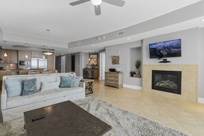 Flat-screen TV, fireplace