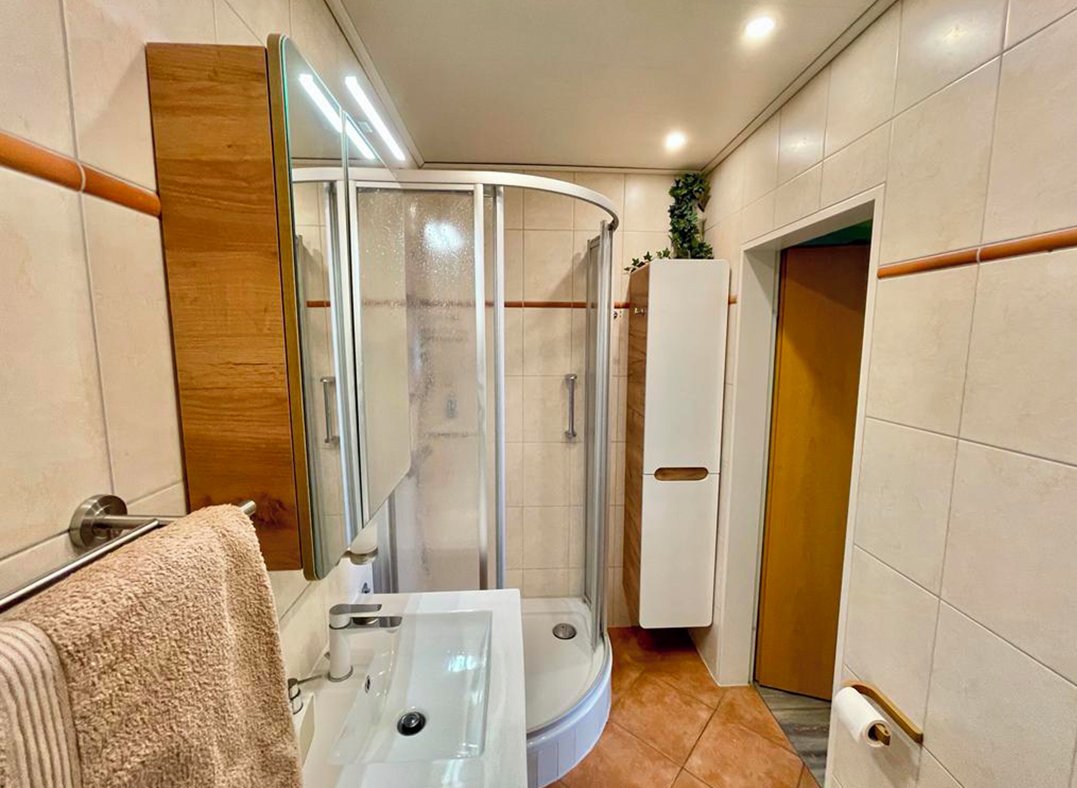 Dusche, Haartrockner, Handtücher, Seife