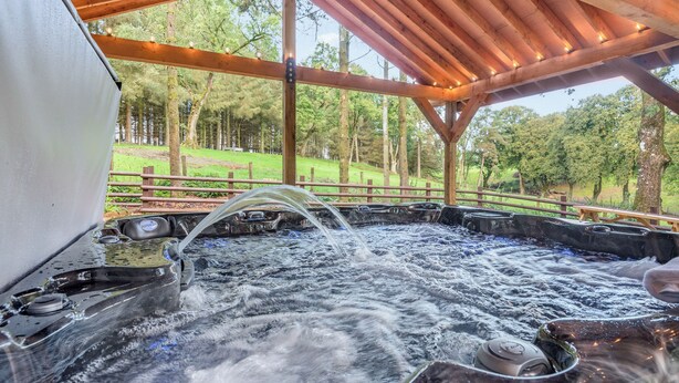A hot tub area with wooden beams and a view of a forested park.