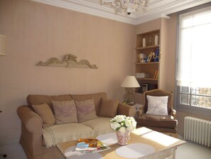 Televisie, een open haard, een dvd-speler en boeken