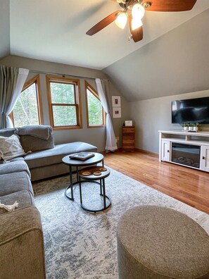 Smart TV, chimenea y libros 