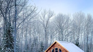 Uma cabana de madeira rodeada por árvores cobertas de neve.