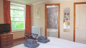 A hotel room with a bed, a radiator, a TV, a window with curtains, a shower, and a door with a mirror. - 5 bedroom accommodation in Kingsbridge (Kingsbridge)