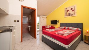 Une chambre avec un lit, une télévision et un coin cuisine.