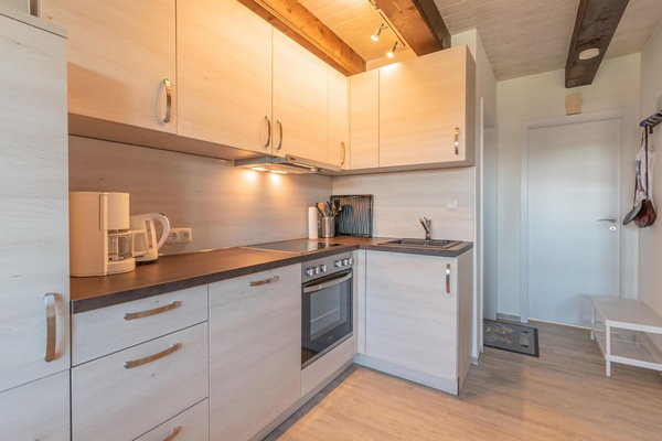 Fridge, stovetop, dishwasher, coffee/tea maker