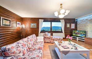 Smart TV, chimenea y estéreo 