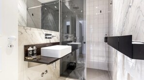 Shower, hair dryer, bidet, towels