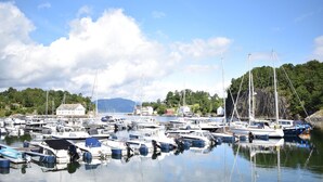 Ein Yachthafen mit mehreren vertäuten Booten, umgeben von Häusern und Grünflächen.