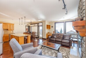 Smart TV, fireplace, books