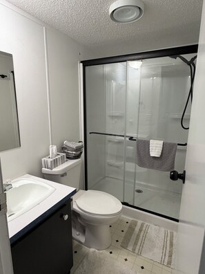 Een badkamer met toilet, wastafel en douche.
