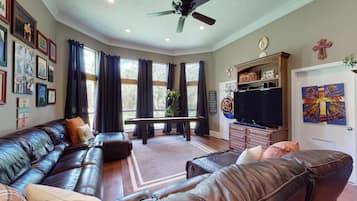 Smart TV, fireplace, video games, DVD player