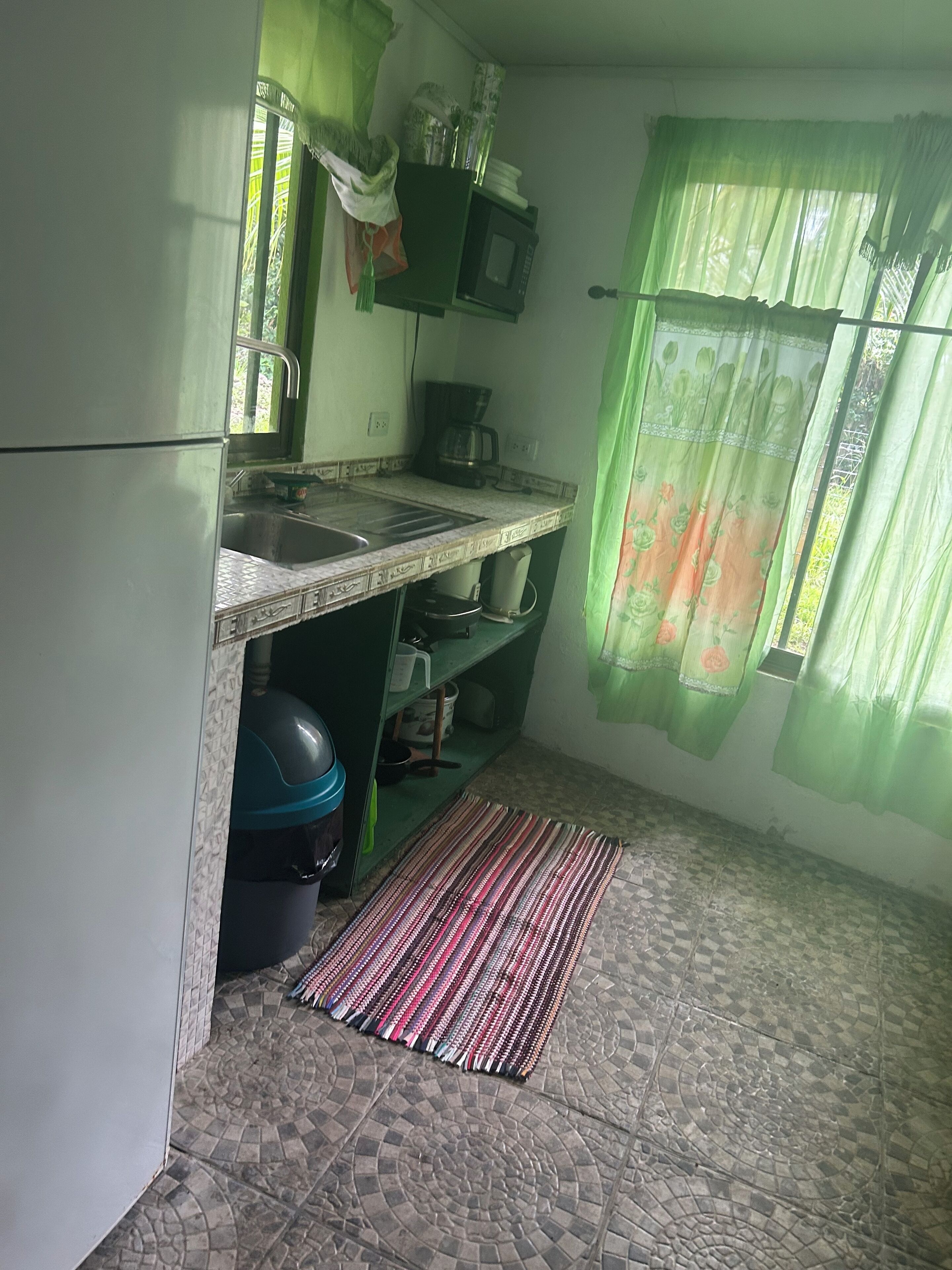 A compact kitchen with a sink, a microwave, and a coffee maker. There is a patterned rug on the floor and a green curtain covering the window.