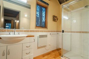 Shower, towels, soap, toilet paper