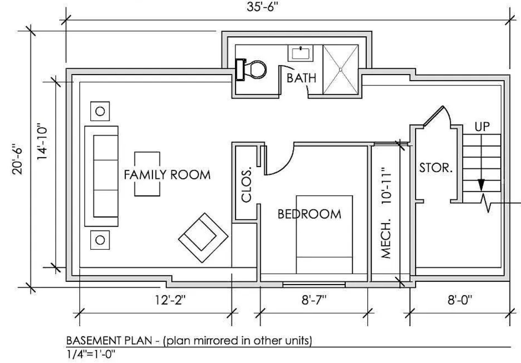 Un plan pour un sous-sol comprenant une salle familiale, une chambre, une salle de bain et un espace de rangement.