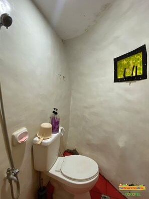 A small, basic bathroom with a toilet, a shower, and a small window with a green view. - Taal Maranan Farmville Inc. (Taal)