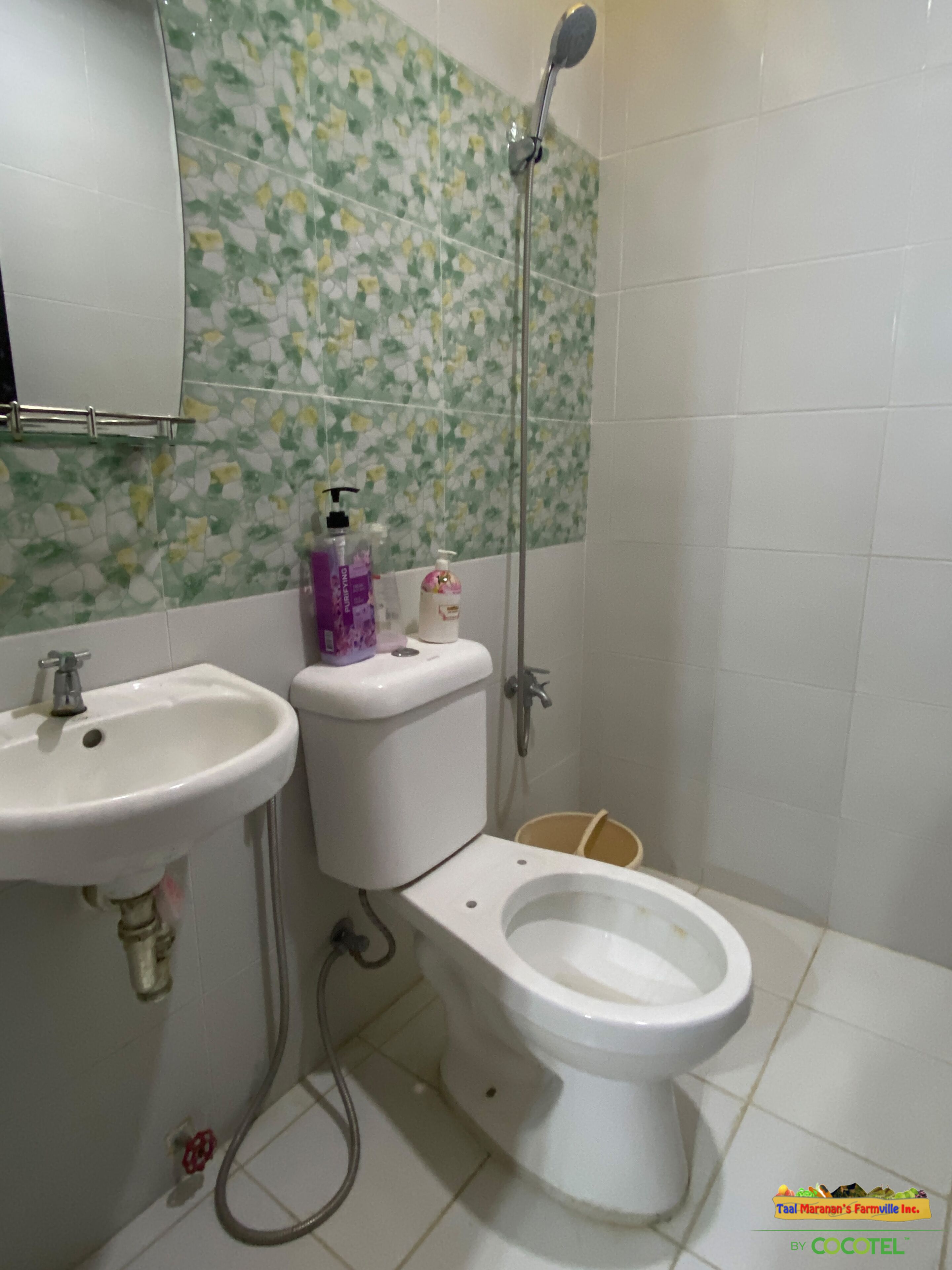 Un baño con inodoro, lavamanos y ducha.