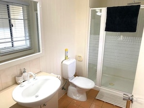 Bathtub, towels, soap, toilet paper