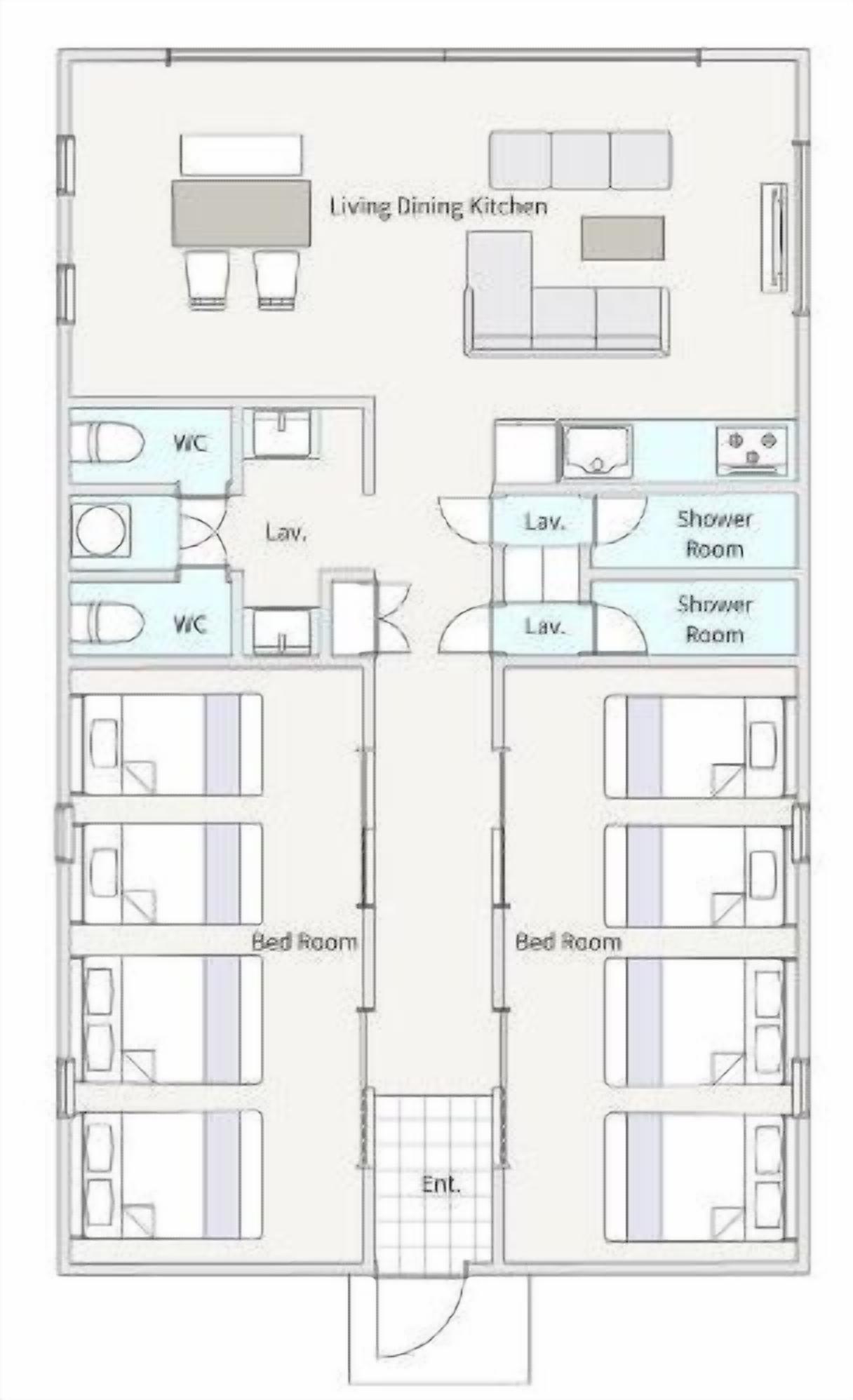 A floor plan of a hotel with two bedrooms, two bathrooms, a living dining kitchen area, and a central entrance.