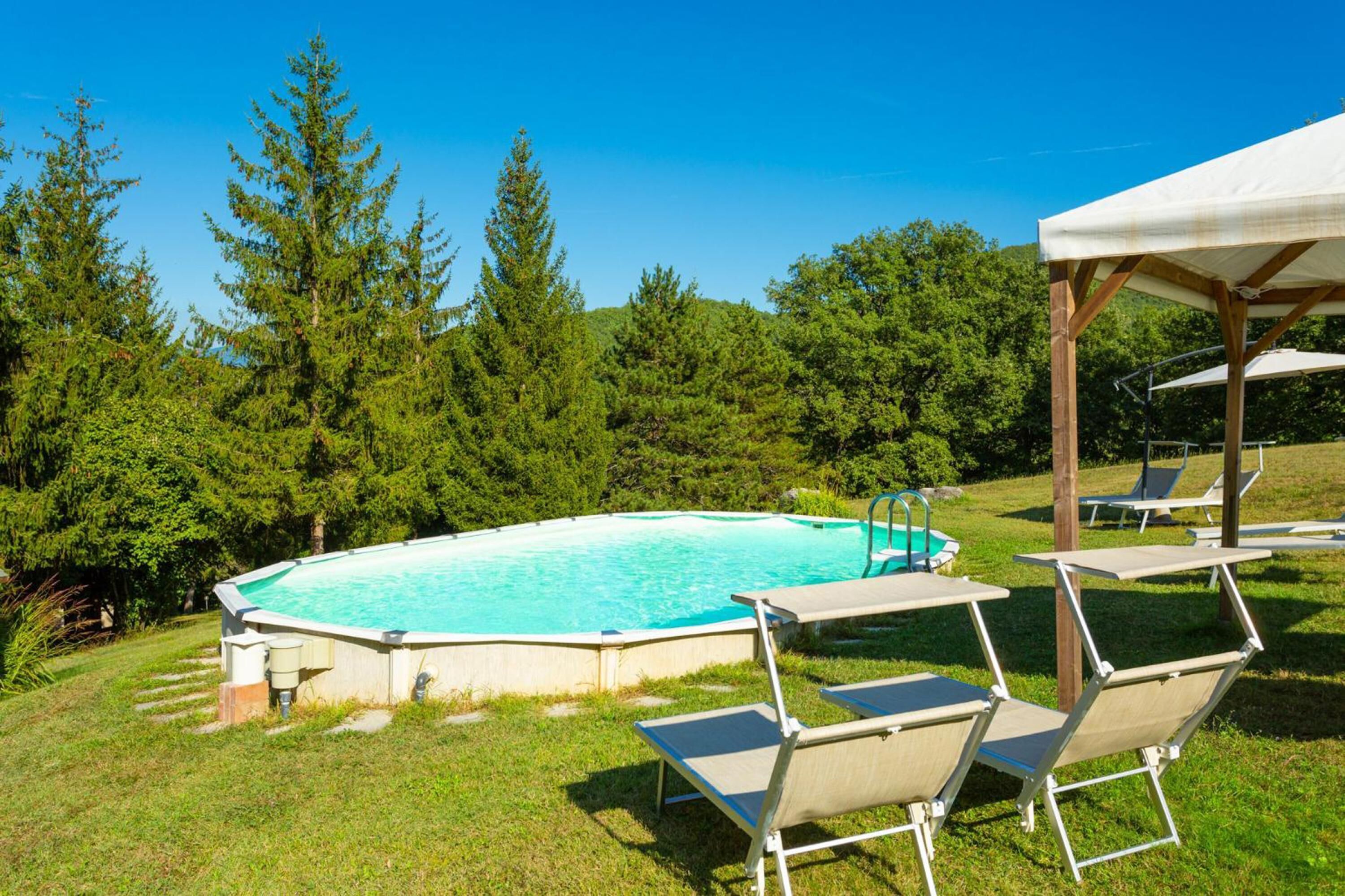 An outdoor swimming pool with a wooden deck, surrounded by grass and trees.
