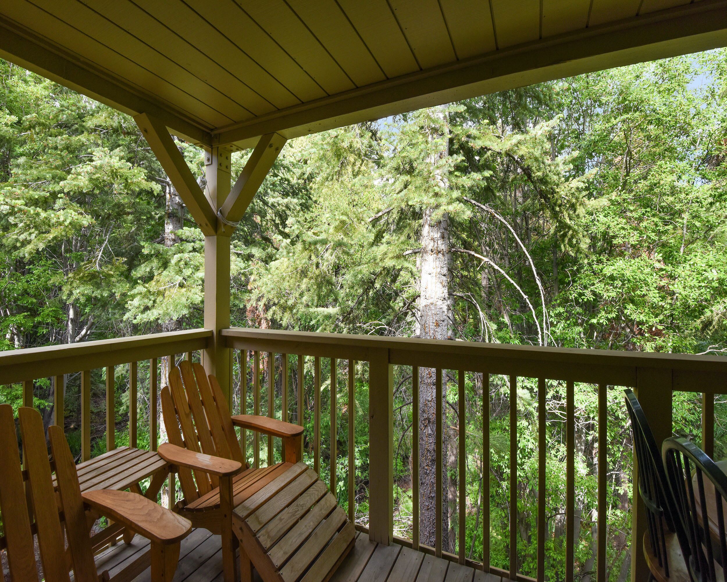 A wooden deck with two Adirondack chairs, surrounded by a railing, overlooking a dense forest.