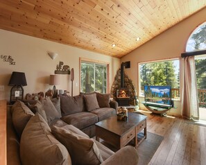 House, Multiple Beds, Balcony, Mountain View (Lux Leisure) | Living area | 42-inch flat-screen TV with digital channels, fireplace - Lux Leisure Game Room & More! (Truckee)