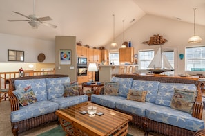 40-inch TV with cable channels, fireplace
