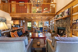 TV, fireplace, books