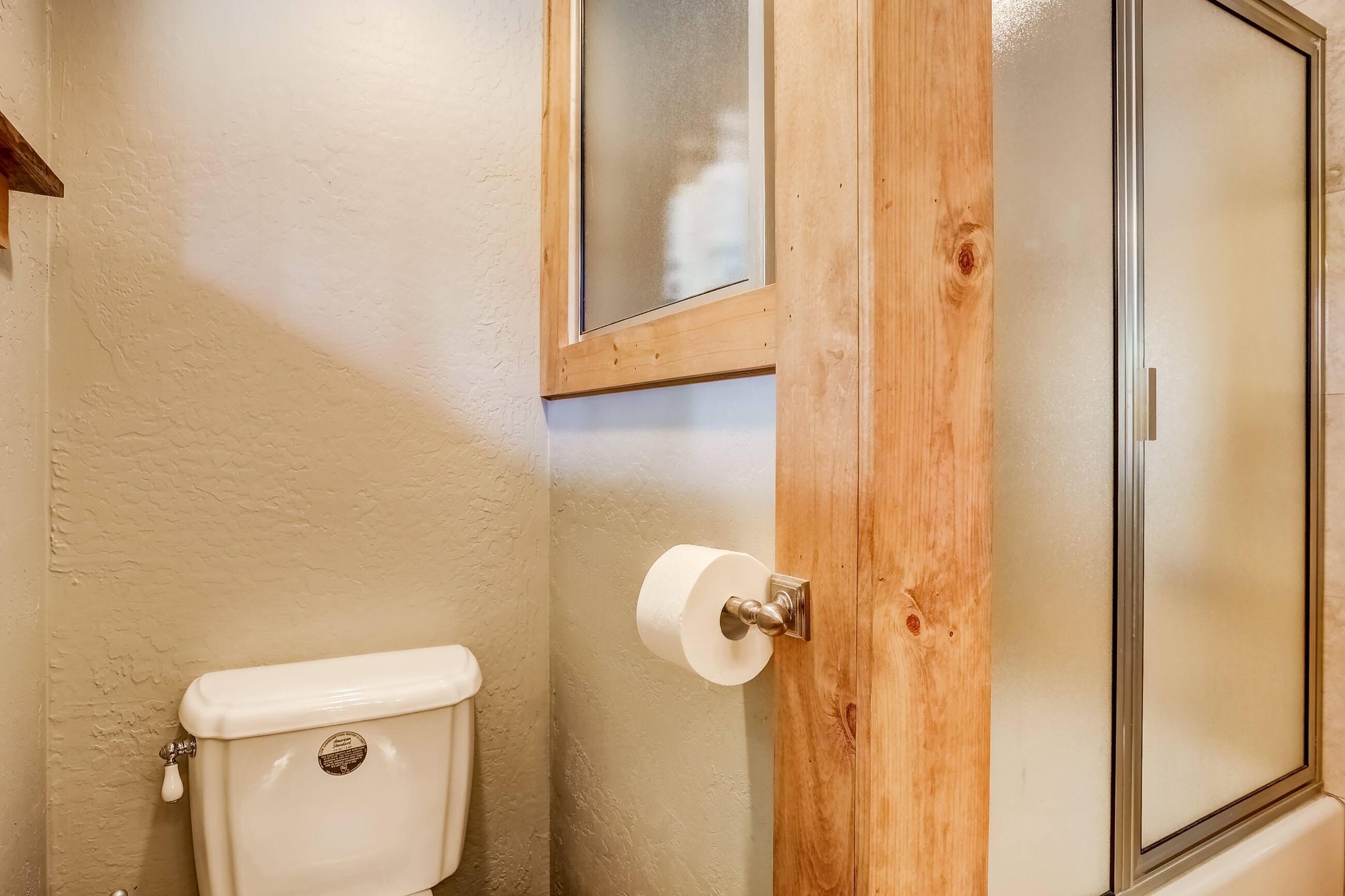 A bathroom with a toilet, a wooden door, and a frosted glass shower enclosure.