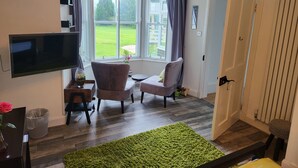 Une pièce équipée d’un téléviseur à écran plat, de deux fauteuils, d’une petite table, d’un tapis vert et offrant une vue sur une pelouse verdoyante grâce à de grandes fenêtres.