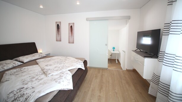 Une chambre à coucher avec un lit, une télévision, un bureau et un miroir.