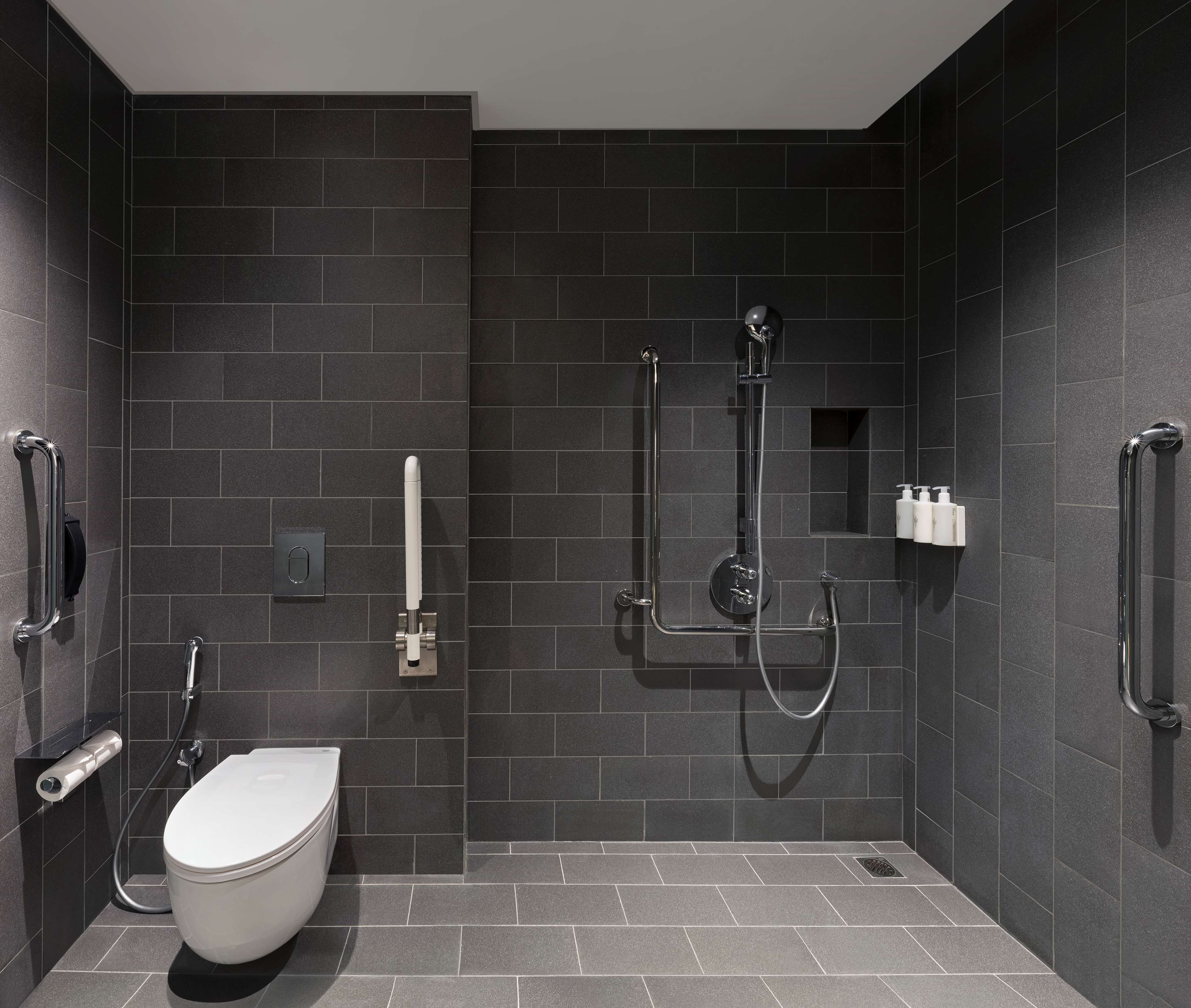 Ein modernes Badezimmer mit Toilette, einer Dusche inklusive Handbrause und einer Haltestange.