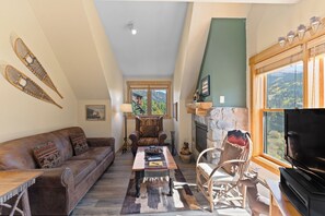 Flat-screen TV, fireplace, DVD player