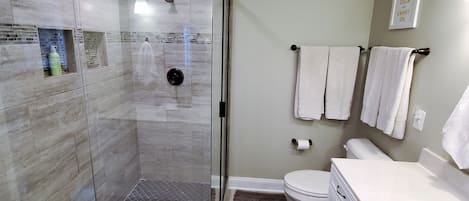 Combined shower/bathtub, hair dryer, towels, soap