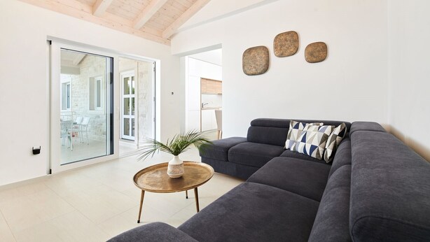 A modern living room with a grey sofa, a small round wooden coffee table, and a potted plant.