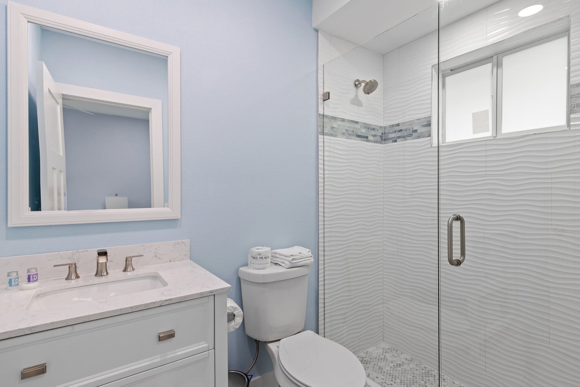 Shower, hair dryer, towels