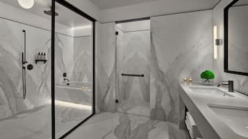 Penthouse, 1 Bedroom, Corner | Bathroom | Rainfall showerhead, eco-friendly toiletries, hair dryer, bathrobes