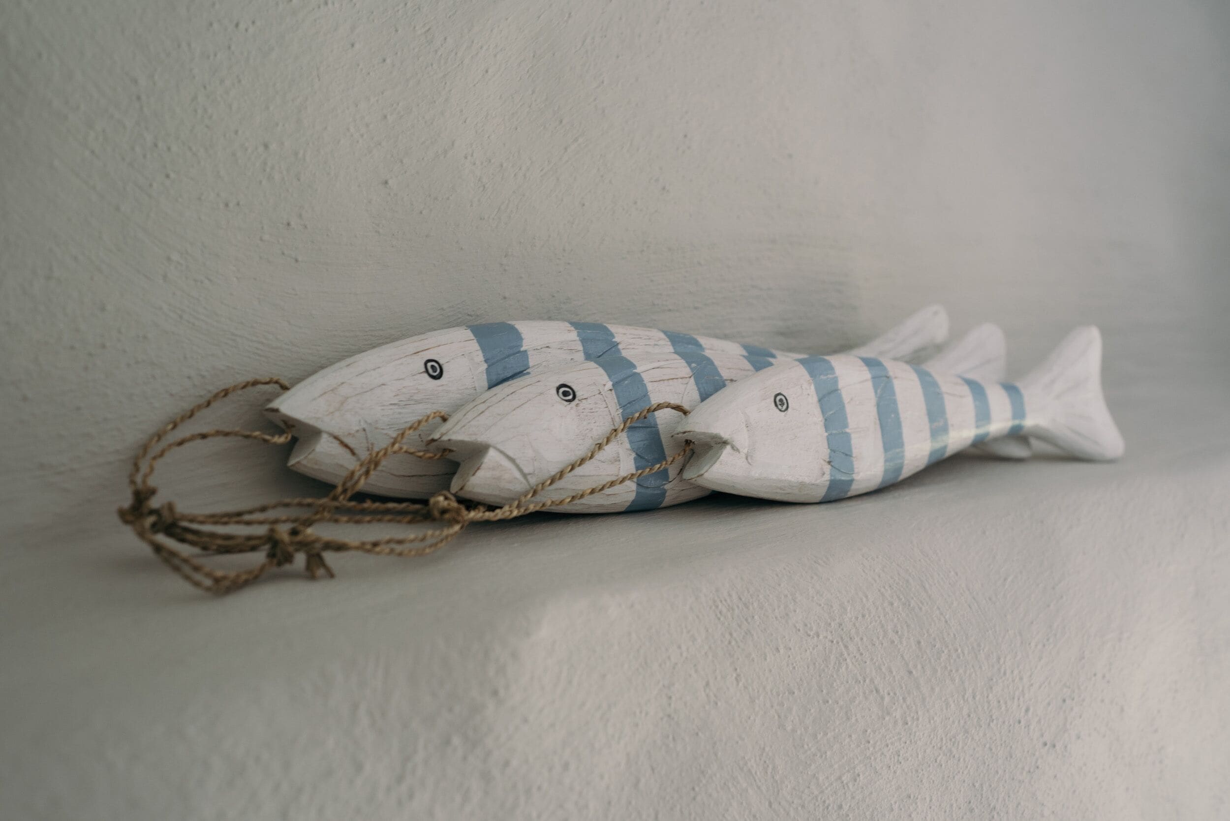 Two wooden fish toys tied with a rope.