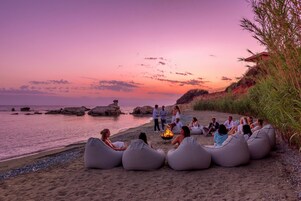On the beach, free beach cabanas, sun loungers, beach umbrellas