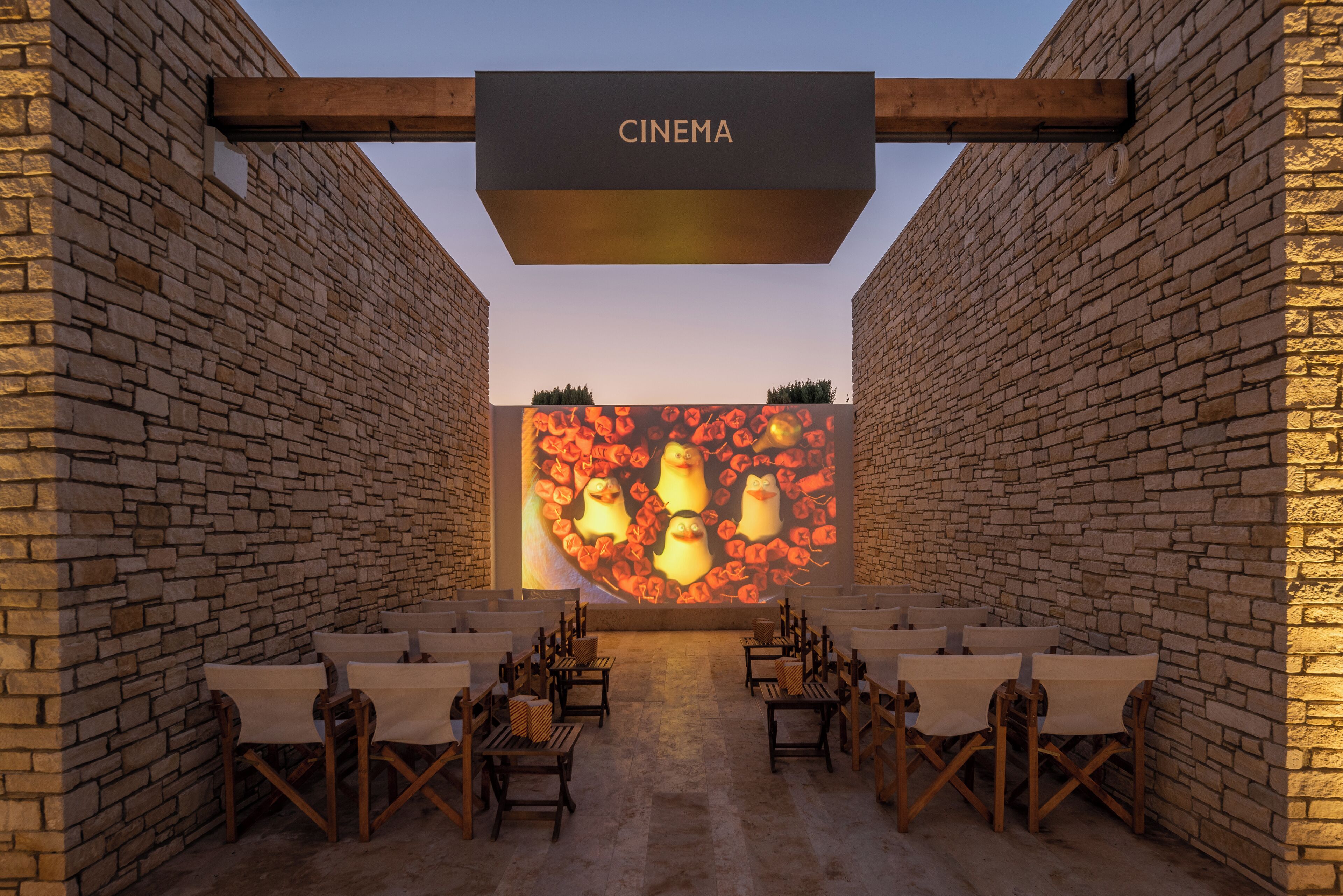 An outdoor cinema with a brick wall backdrop and a large screen displaying an image of birds.