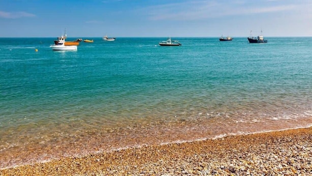 Une plage de galets où se trouvent plusieurs bateaux à flot.