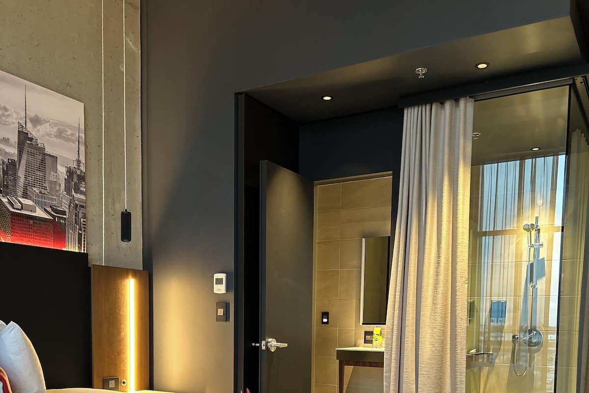 A modern hotel room with a large bed, a cityscape artwork, a glass shower enclosure, and a view of the city through the glass door.