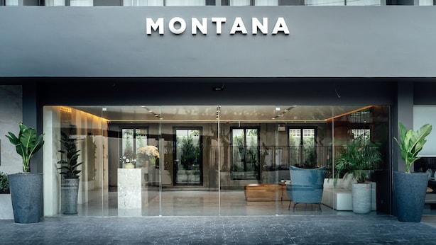 Ein moderner Hotel-Eingangsbereich mit Glasfassade, üppigen Kübelpflanzen und einer Sitzgelegenheit im Inneren.
