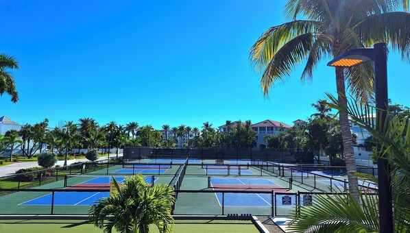 Complejo de canchas de tenis con varias canchas, rodeado de palmeras y un cielo azul despejado.