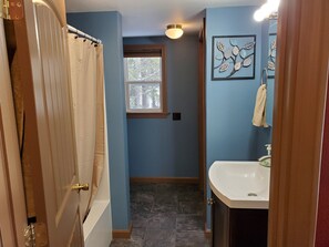 Combined shower/tub, hair dryer, towels, soap - Maine Lakeside Retreat (Lincoln)