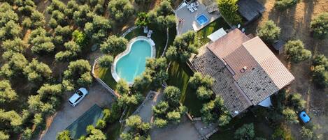 Vue aérienne d’une propriété comprenant une piscine, un jardin clôturé et une maison avec un toit en tuiles.