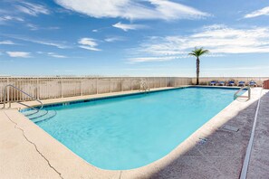 Relax by the pool with a palm tree nearby, featuring a rectangular pool with metal ladders and lounge chairs.