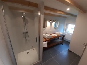 Shower, hair dryer, towels, toilet paper