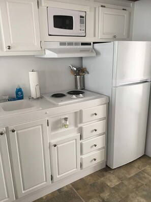 Frigorífico, microondas, placa de cocina y cafetera o tetera