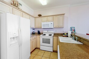 Efficient kitchen with modern appliances, sink, and cabinetry.